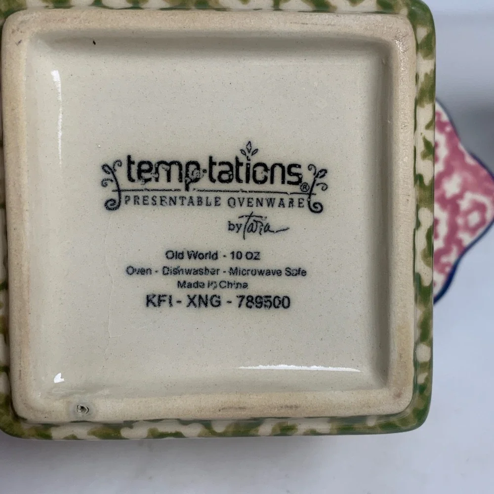 Temp-tations Ramekin Set 3 Old World Floral Square 10oz Ceramic Blue EUC